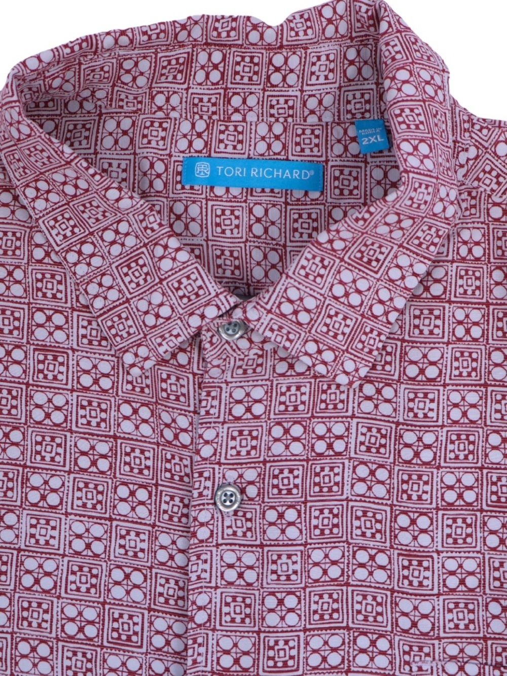 TORI RICHARD Button Up Shirt 2XL Maroon Blue Geometric Print - Picture 6 of 8
